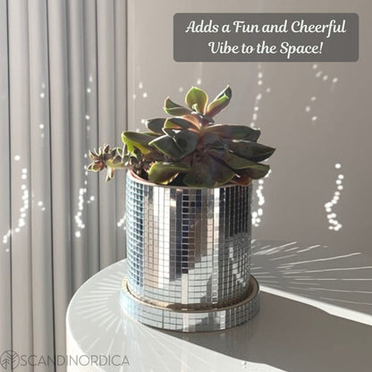 SCANDINORDICA Disco Ball Planter 6" Gold with Chain and Macrame Hanger and Disco Ball Planter Pot 4.3" with Saucer (0.2x0.2 mirror tiles)