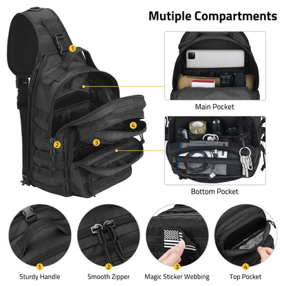 CVLIFE Tactical Sling Bag Backpack for Men Military Shoulder Sling Bag Molle Detachable Tactical Bag with Bottle Holder Hidden Pocket Daily Day Pack Work Bag for EDC Hiking, Black