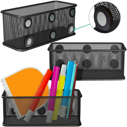 TAPBULL Mesh Magnetic Storage Baskets - Set of 3 (Black) with Anti-Slip Feature and Strong Magnets - Magnetic Locker Organizer and Pencil Holder for Whiteboard and Refrigerator (Black-3 pcs)