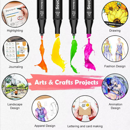 Soucolor Alcohol Markers, 80 Colors Dual Brush Tip Permanent Art Coloring Marker for Book Painting Card Making, Art Supplies Gift Box for Adults Teens Kids Boys Girls 8-12