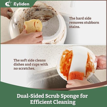Eyliden 6 Pack Scrub Sponge, Dual-Sided, Smart-Temp Firmness, Dish Scrubber | Non-Scratch, Multi-Surface Safe Cleaning Sponges for Kitchen, Bathroom, Dish Scrubbing, Cute Cat Smile Design