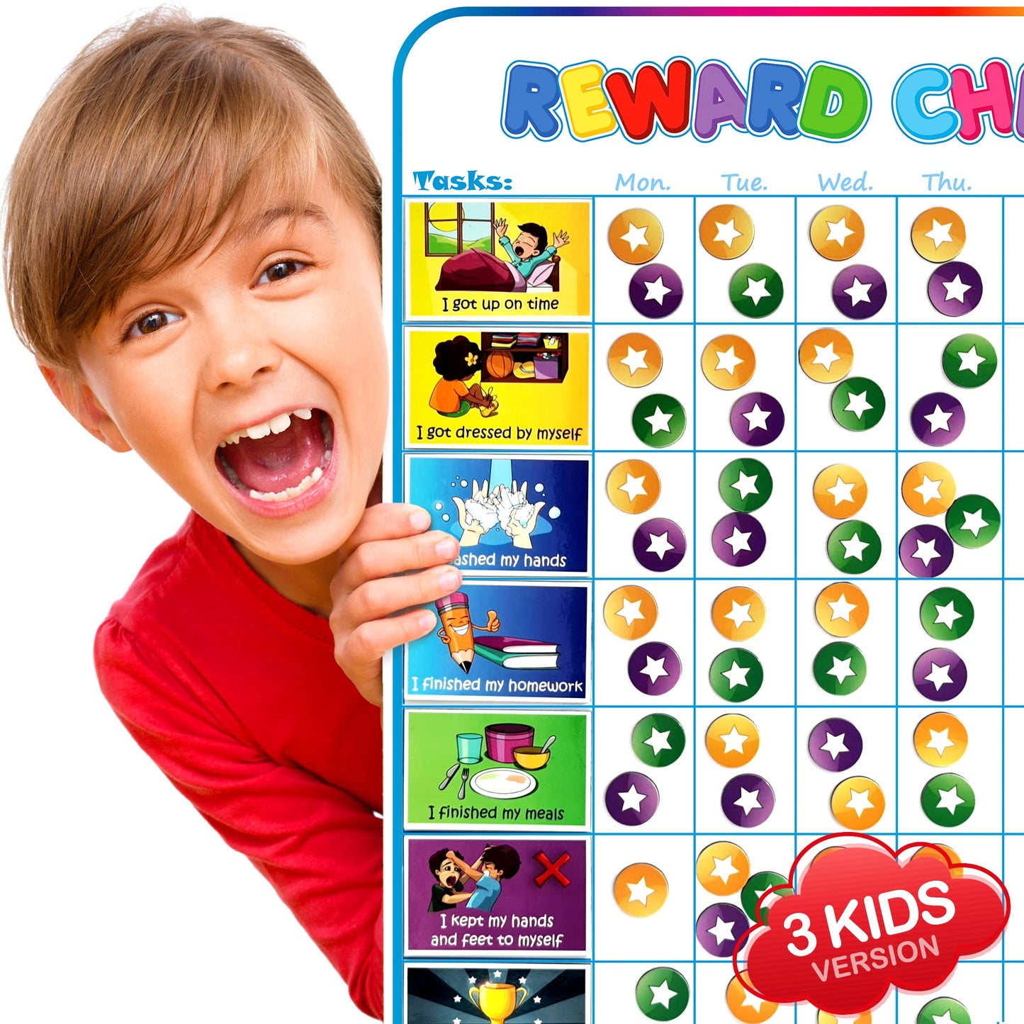 Large Magnetic Reward Chart for Multiple Kids (1-3 Kids) - 127 Pre-Written Stickers (Including Potty Training) + 30 Custom Chores - Behavior, Responsibility & Incentive Star Chart for Your Fridge