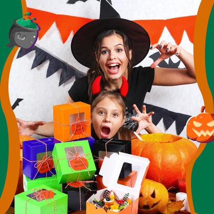 Resholder 48 Pcs Halloween Cookie Boxes with Window 4 x 4 x 2.8 Inch Tricks or Treat Boxes Candy Gift Bakery Dessert with Pumpkin Gift Cards, 3 Bundle Ropes for Halloween Party