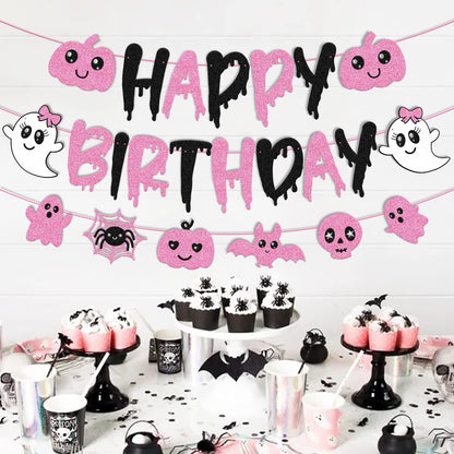Pink Black Halloween Birthday Banner Ghost Bat Happy Boo Day Little Boo Themed for Girl Happy Birthday Party Supplies Glitter Halloween Decoration