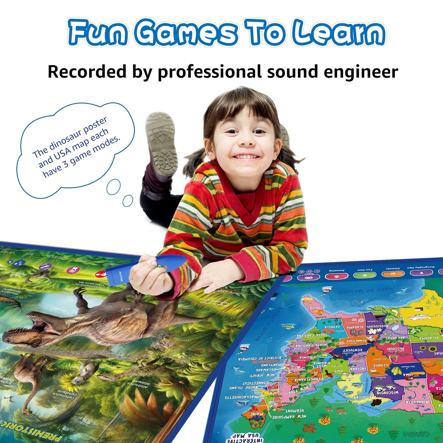 Bilingual Interactive for Kids Talking USA Map Dinosaur Poster for Kids Learning and Educational Toys,Talking Educational Dinosaur Toy for Ages 3 to 12 Years Old,Learning Chart for Preschool/Gift