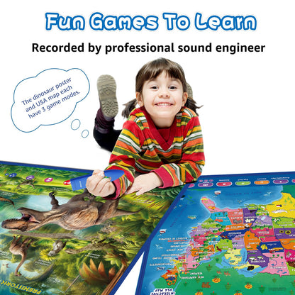 Bilingual Interactive for Kids Talking USA Map Dinosaur Poster for Kids Learning and Educational Toys,Talking Educational Dinosaur Toy for Ages 3 to 12 Years Old,Learning Chart for Preschool/Gift