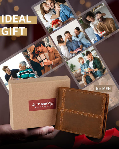 Artpaxy Mens Wallet Bifold Genuine Leather RFID Blocking Wallet for Men with 1 ID Window 13 Card Holders 2 cash pockets 1 Gift Box