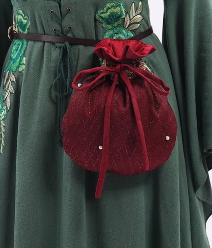 Medieval Velvet Pouch with Beads Drawstring Belt Purse Renaissance Waist Coin Bag for Ren Faire (Wine)