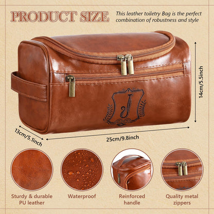 Sadnyy Father's Day Personalized Leather Toiletry Bag for Men Initial Travel Bag with Hook Monogrammed Toiletry Pouch Leather Travel Bathroom Kit with Side Handle for Anniversary Birthday Gifts(J)