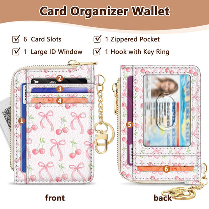 GIANCOMICS Slim Wallet Credit Card Holder Women, Cute Bow Rfid Small Card Case, Keychain Thin Pocket Curved Zipper Wallet, Travel Card Holder PU Leather ID Window, Girly Ladies Female Gifts