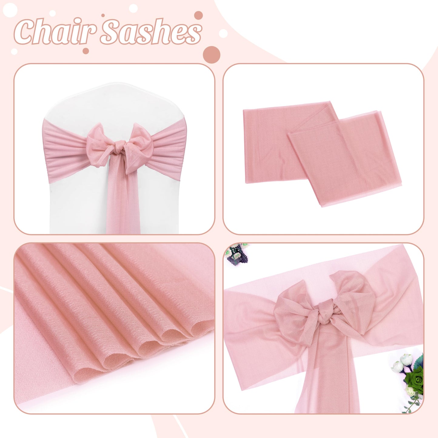 MDS® Pack of 50 Chiffon Chair Sashes Bows for Wedding Events Supplies, Decorations for Birthday Party, Graduation, Engagement, Chair Sashes fits Banquet Chair Cover Tie Back Band - Dusty Rose