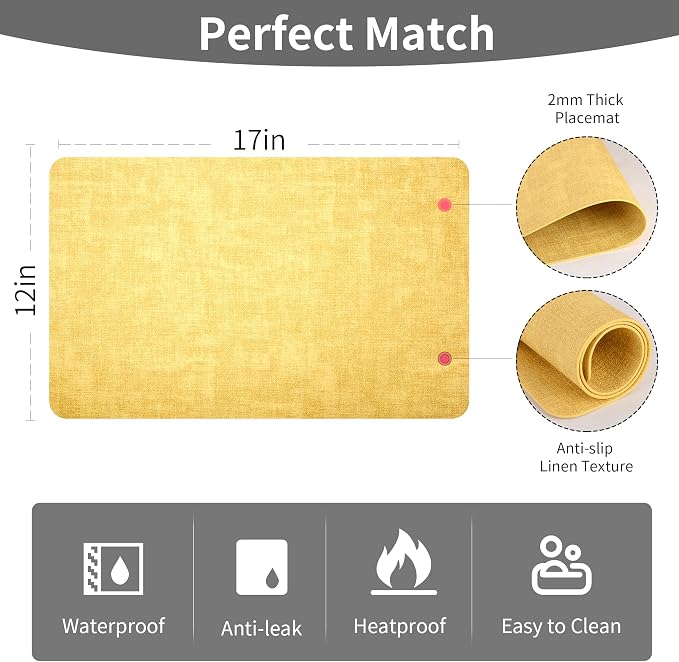Maxpearl Faux Leather Placemats Set of 6 - Waterproof - Wipe Clean - Heat Resistant - Anti Slip Dining Table Place Mats, Suitable for Indoor & Outdoor Use, 17’’×12’’, Yellow
