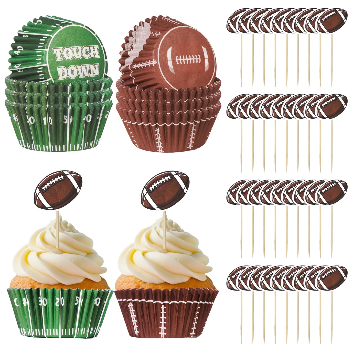 Glavatrix Football Cupcake Liners and Toppers, 200PCS Touch Down & Football Pattern Baking Cups Muffin Wrappers with 36PCS Cupcake Picks for Sports Game Day Baby Shower Birthday Party Cake Decorations