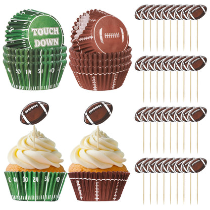 Glavatrix Football Cupcake Liners and Toppers, 200PCS Touch Down & Football Pattern Baking Cups Muffin Wrappers with 36PCS Cupcake Picks for Sports Game Day Baby Shower Birthday Party Cake Decorations