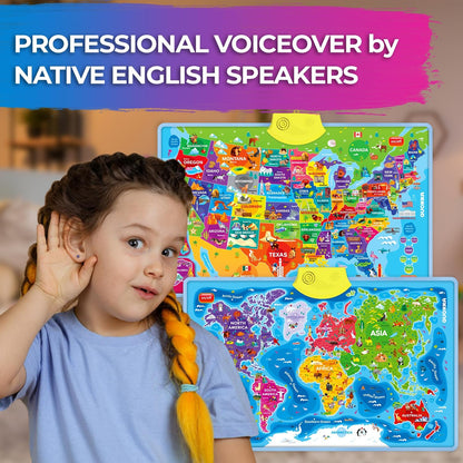 QUOKKA Educational Toys for Kids 5-7 Year Old - USA World Maps Puzzle Learning Wall Chart for Toddlers Age 3 4 6+ - Interactive Speech Therapy Poster Boy Girl - Autism Geography Puzzle Game 8-10-12