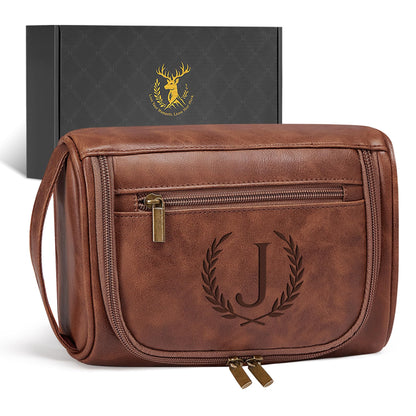 Aganmi Personalized Toiletry Bag Fathers Day Birthday Gifts for Men Dad Husband, Laser-Engraved Initial Waterproof PU Leather Toiletry Organizer Dopp Kit Shaving Bag Travel Essential Reddish Brown J