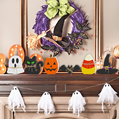 6PCS Halloween Wooden Decor - Halloween Decorations Wooden Signs Include Pumpkin Ghost Bat Black Cat Witch Hat Candy Corn Freestanding Table Signs Tiered Tray Decor for Rustic Farmhouse Home Mantle