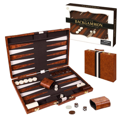 Premium Backgammon 18 Inches Large Brown - Backgammon Sets for Adults and Kids - Leatherette Back Gammon Board Game Set - Travel Backgammon Set Board Encased with Accessories