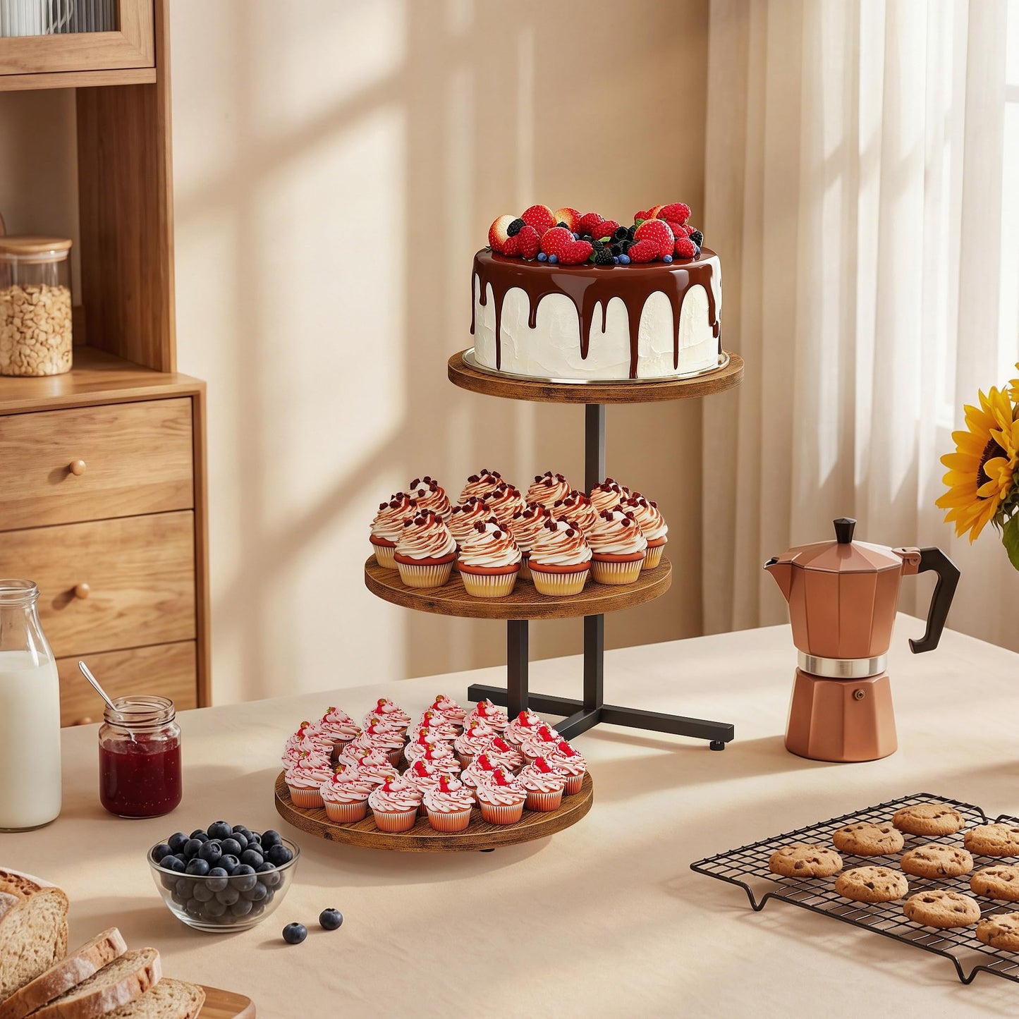Emfogo Wooden Cupcake Stand for 50 Cupcakes, 3 Tier Dessert Tower Stands, Cup Cake Display for Party Afternoon Tea Wedding Graduation, Large Tiered Tray for Cake Cookie Food (1 Pack)