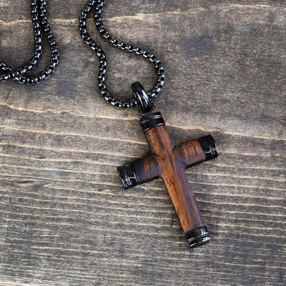 Metal Masters Co. Wood Cross Pendant Necklace Black Stainless Steel 24" Round Box Chain