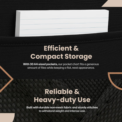 Hippo Creation Heavy Duty Storage Pocket Chart for Classroom, 30 Pocket Storage Organizer with 5 Over-Door Hangers, Hanging Wall Organizer for File Folders, School Mailbox, Home Office Papers - Black