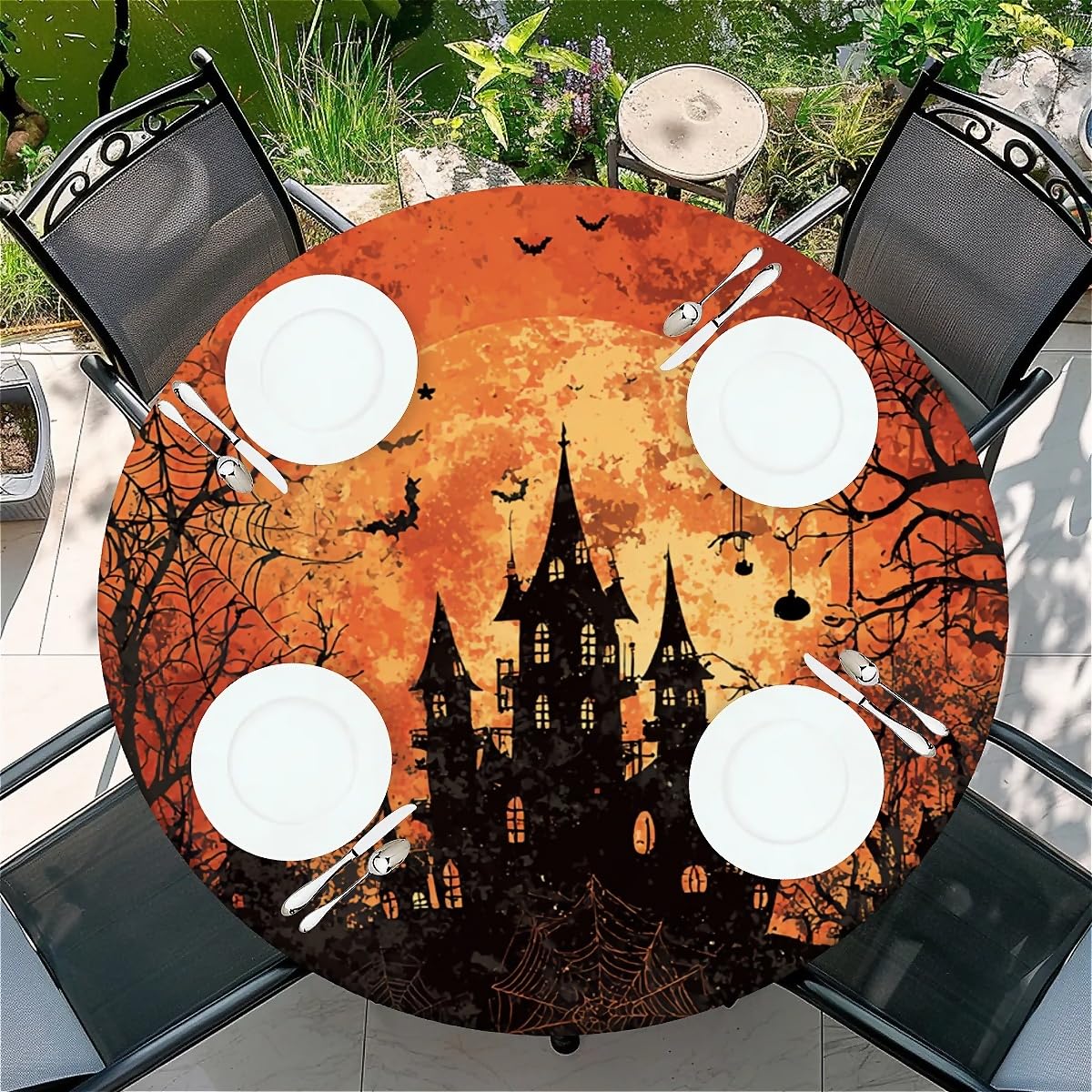 COTAIL Round Fitted Tablecloth with Elastic Edge Design Table Cover Waterproof Table Cloth Stain-Resistant for 32"-36" Round Table for Dining, Picnic, Party, Decor, Outdoor, Halloween