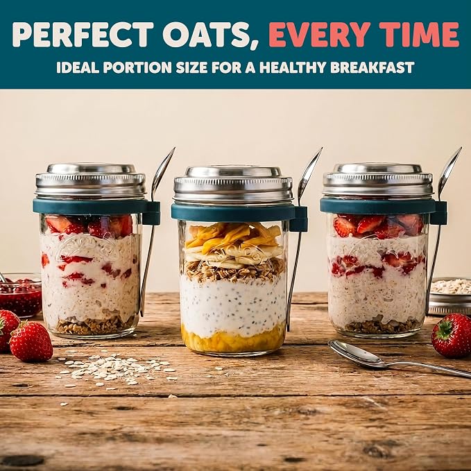 Overnight Oats Jars with Lids and Spoon - Glass Chia Pudding Containers - 16 oz Leakproof Mason Jar for Oatmeal - Wide Mouth To Go Meal Prep Cup with Measurement Markings - 2 Pack