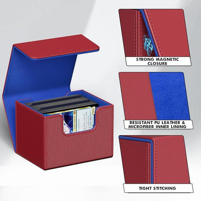 ZLCA Card Deck Box for Trading Cards, MTG Commander Deck Box Holds 120+ Single Sleeved Cards, Leather Magnetic Card Storage Box Fits for TCG CCG Magic Cards (Red&Blue)