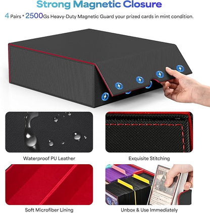UAONO Trading Card Storage Box, Holds 2400 Sleeved Cards with 24 Dividers & 4 Stoppers, Magnetic Closure PU Leather Card Case for MTG, PTCG, YGO, Sports Cards (Black&Red)