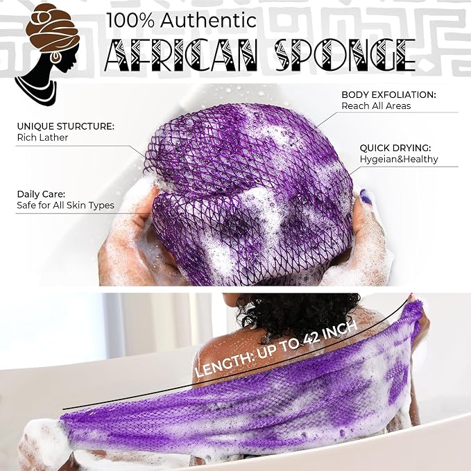 Authentic African Net Sponge with Knots - 2 Pieces Exfoliating Body Sponge Purple & Green - Back Scrubber Shower Exfoliator for Women Personal Care - Shower Scrub for Body Wash Bathing Accessories