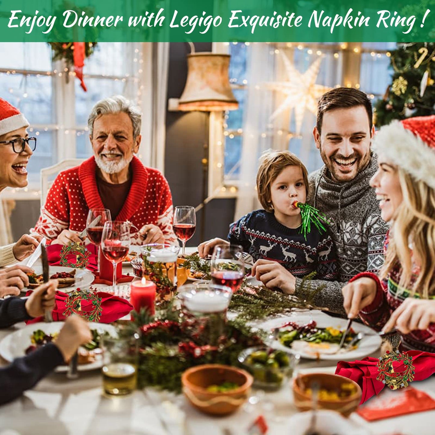 Legigo Set of 12 Christmas Wreath Napkin Rings Set- Metal Xmas Napkin Ring Holders for Cloth Napkins, Christmas Holiday Party Dinner Table Decoration