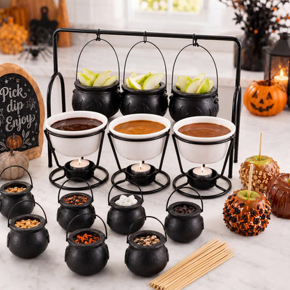 SiliFine 15pcs Halloween Party Decorations DIY Caramel Apple Dipping Bar Set 3 Witches Cauldron Serving Bowls on Rack, Ceramic Cups, Black Cauldrons, Bamboo Picks Witchy Table Decor for Holiday