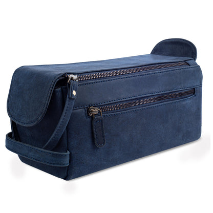 LEATHER VILLAGE Genuine Leather Travel Toiletry Bag - Water-Resistant Dopp Kit for Toiletries, Large Shaving Bag & Bathroom Organizer - Gift for Men & Women - Royal Blue