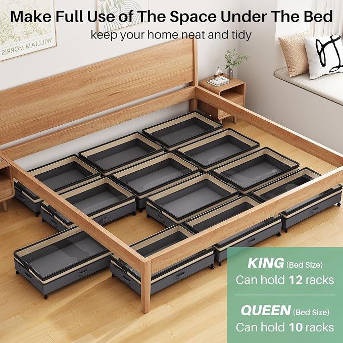 Kitstorack 4 Pack Height-adjustable Under Bed Storage with Wheels, Under Bed Storage Containers,Under Bed Shoe Storage Organizer with Clear Window&Label, Suitable for Clothes Storage, Beige & Gray