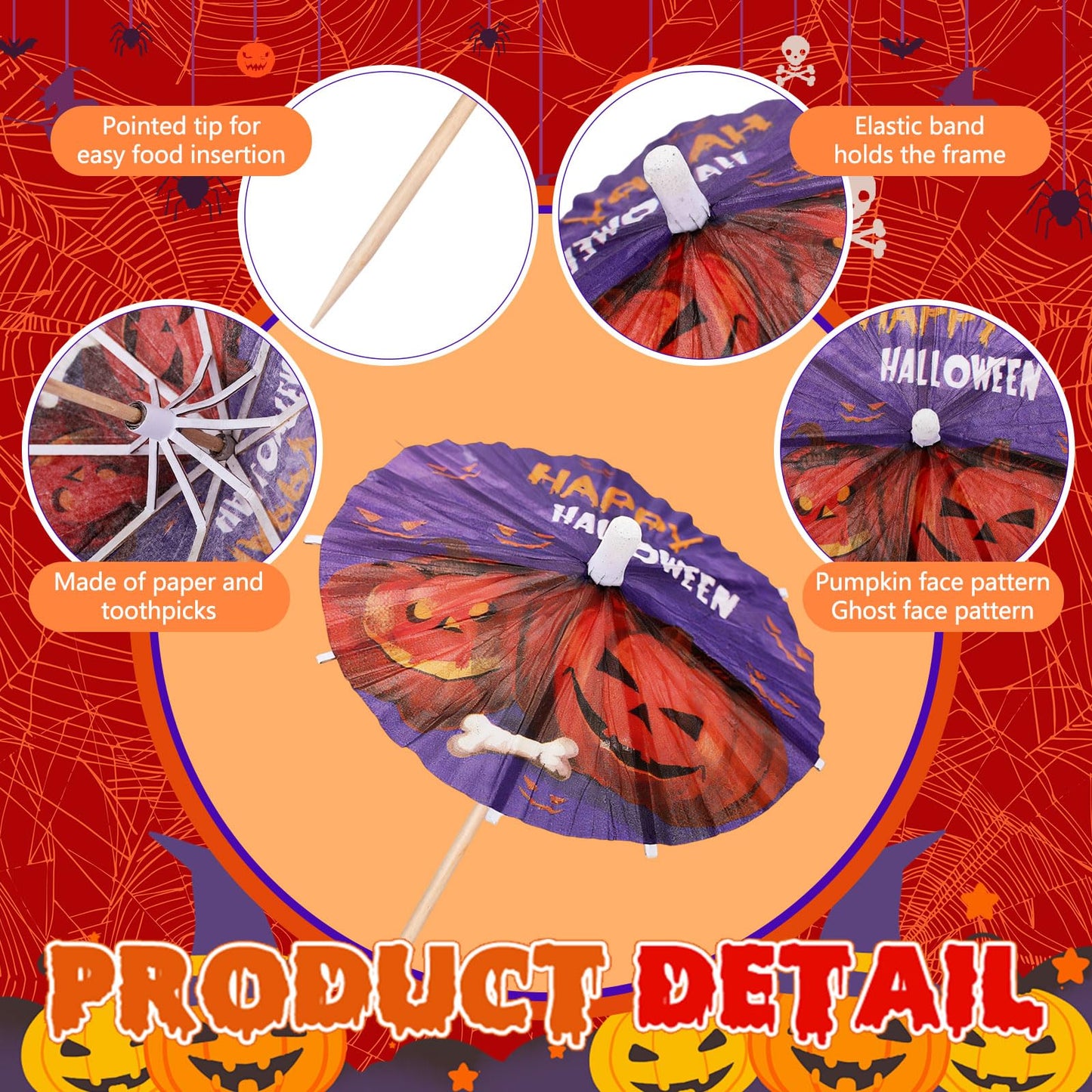 Vesici 200 Pcs Halloween Drink Umbrellas Cocktail Picks, 4 Inch Cocktail Toothpicks Appetizer Bamboo Parasol Picks for Drinks Cupcake Topper Halloween Party Restaurant Decorations (Classic)