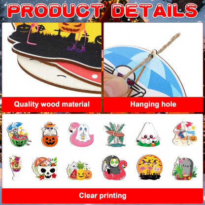 36 Pcs Summer Halloween Ornaments Hawaii Themed Hallows' Eve Ghost Wooden Hanging Ornament for Hawaiian Halloween Party Decor