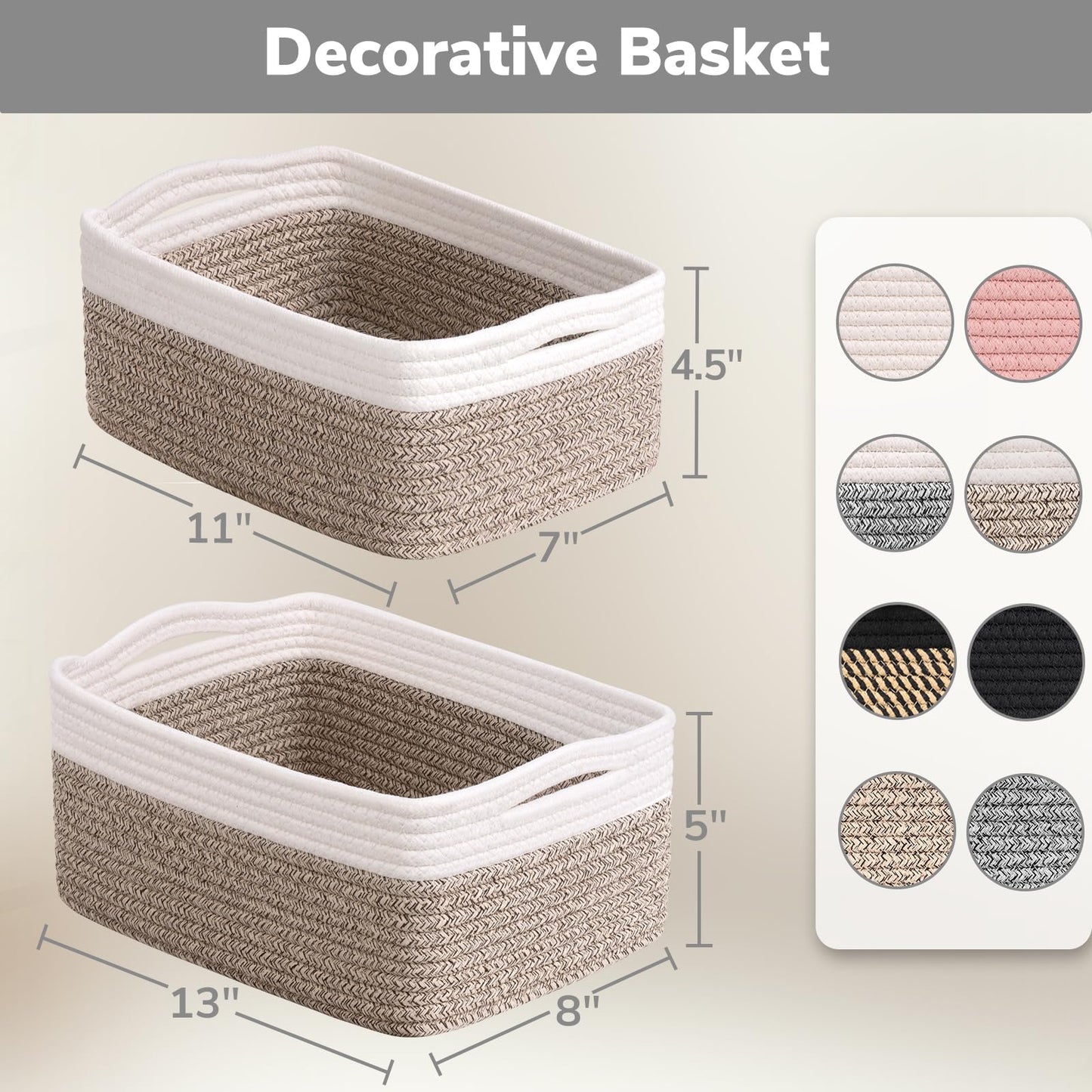 Goodpick Storage Bins, Baskets for Shelves, Cotton Rope Basket for Organization, Closet Organizer Bins, Towel Baskets for Bathroom 3 Pack, White & Light Gray, 11 x 7 x 4.5 in