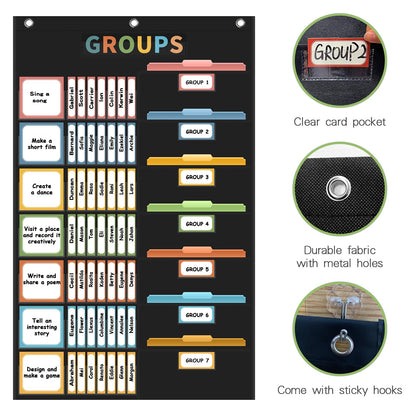 REGELETO Boho Small Group Management Pocket Chart with 114 Cards, Large Size 46 x 26.3 inch Classroom Small Group Organizer for School Teacher Homeschool Learning Supplies (Black)