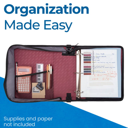 Case-it Classic Zipper Binder | 2-Inch O-Rings, 350 Sheet Capacity, Multiple Storage Pockets & Shoulder Strap | School & Office Organizer | D-251 Burgundy