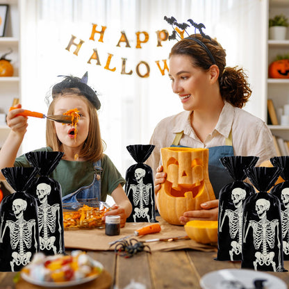 Whaline 150 Pcs Halloween Cellophane Gift Bags with 200 Pcs Twist Ties Funny Skeleton Party Favor Bags Candy Goodie Treat Bags for Trick or Treat Birthday Party Supplies