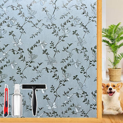 Frosted Glass Window Film with Elegant Flower Design, Bathroom Window Privacy Film for Glass Windows Cover, Static Cling, Removable, Reusable, Anti-UV, Anti-Glare, 29.5 Inch * 78.74 Inch