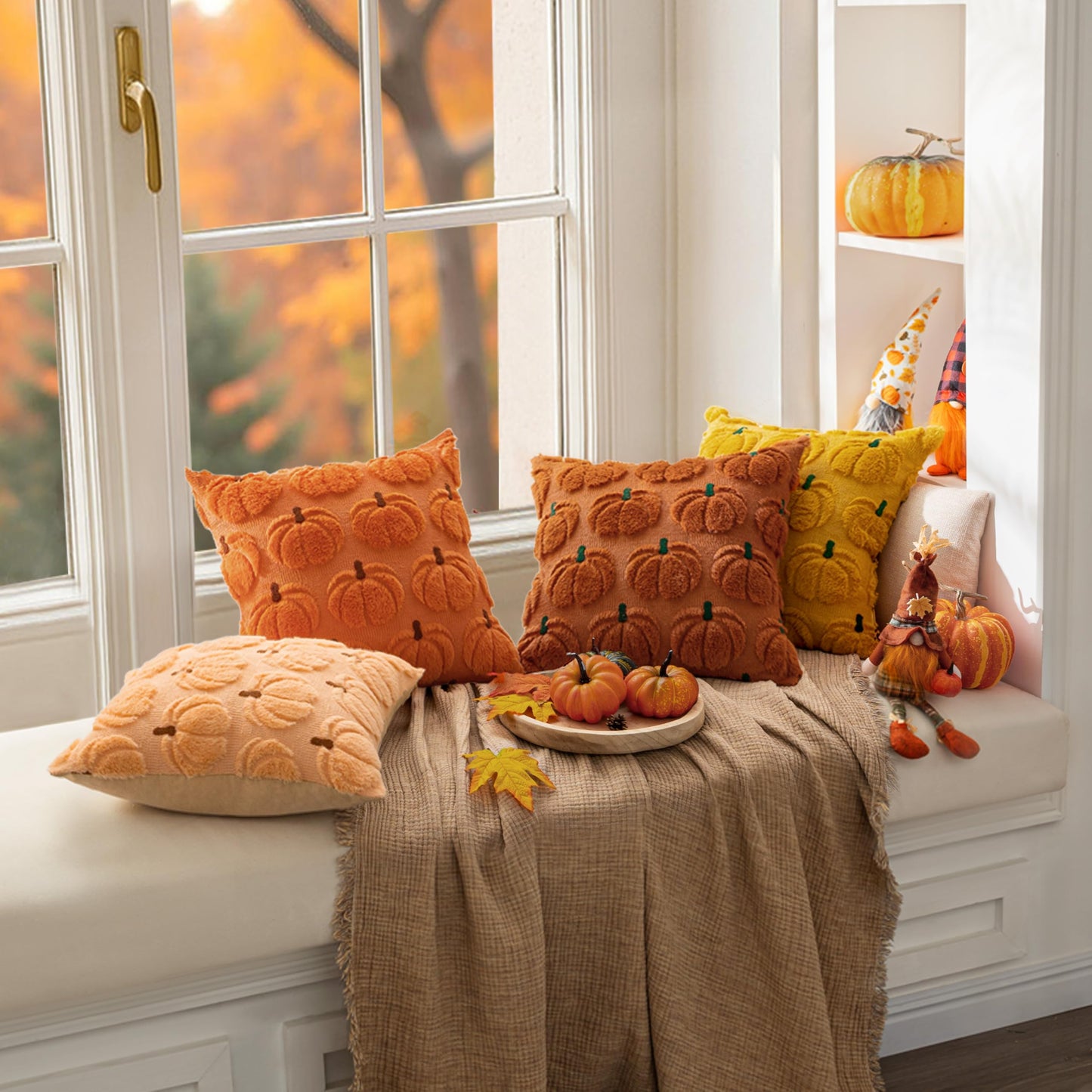 MIULEE Fall Pumpkin Throw Pillow Covers Decor Set of 2 Dark Rust Green Stem 18 x 18 Decorative Cushion Covers Soft Faux Fur Couch Pillows for Autumn Harvest Outdoor Porch Farmhouse Halloween Home