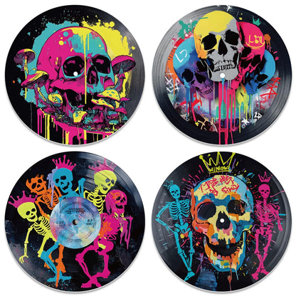 DOODLREAM 4PCS Graffiti Skull Vinyl Record Wall Decor 12" Hippy Halloween Skeleton Wall Art Posters for Room Aesthetic, Retro Record Decor for Music Party Studio Living Room DIY Craft Project