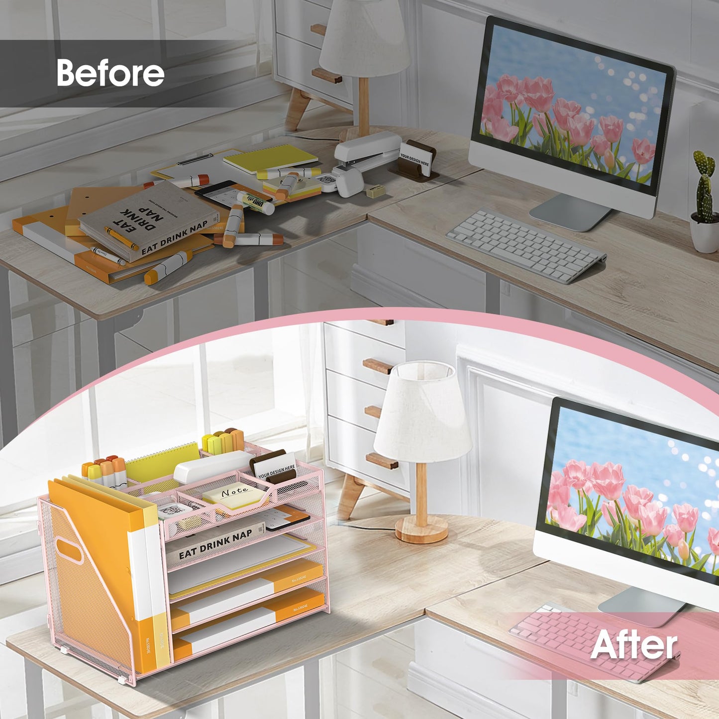 OrgMate 5 Tier Paper Letter Tray with File Holder and 3 Drop-in Pen Holders, Mesh Desk File Organizer with Handle, Desk Organizers and Accessories for School,Home, Office Supplies Storage-Pink