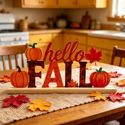 LianheCy Hello Fall Metal Sign with Wooden Base Freestanding Rustic Pumpkin Tabletop Decor Tiered Tray Centerpiece Autumn Decorations for Home Mantel Shelf Fireplace Office