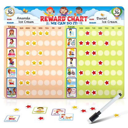 Chore Chart for Multiple Kids, Behavior Incentive for at Home, Dry Erase, and Magnetic Board for 2 Kids, Includes 54 Task Cards