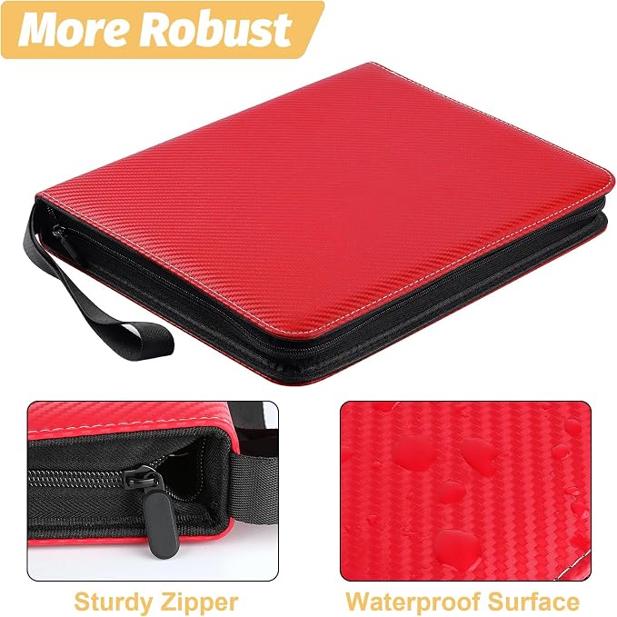 900 Pockets Round Ring Trading Card Binder, 9-Pocket Clear Zipper Card Album with Wrist Strap, Holds 900 Standard TCG & Sports Cards, Not Fit Top Loaders(Carbon Red)