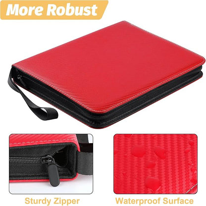 900 Pockets Round Ring Trading Card Binder, 9-Pocket Clear Zipper Card Album with Wrist Strap, Holds 900 Standard TCG & Sports Cards, Not Fit Top Loaders(Carbon Red)