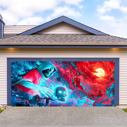 Blacklight Garage Door Banner Cover, 7x16ft UV Reactive Fluorescent Grim Reaper Skeleton Mural, Glow Halloween Skull Spooky Grim Reaper Ghost Backdrop, Neon Wall Party Decor