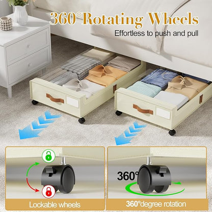 Yecaye Under Bed Storage with Wheels, 2 Pack Under the Bed Storage Containers with Lids & Label, XXL 60 L Rolling Underbed Storage Drawers for Clothes, Blankets, Shoes, Beige